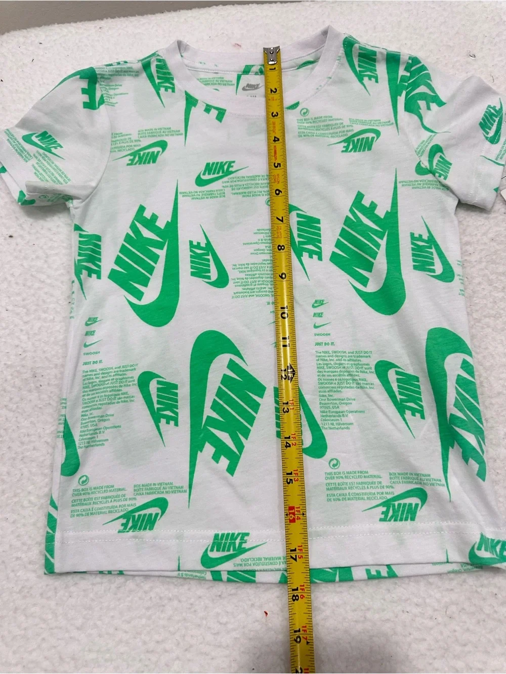 Boy’s Nike White Tee with Bright Green Allover Logo Print